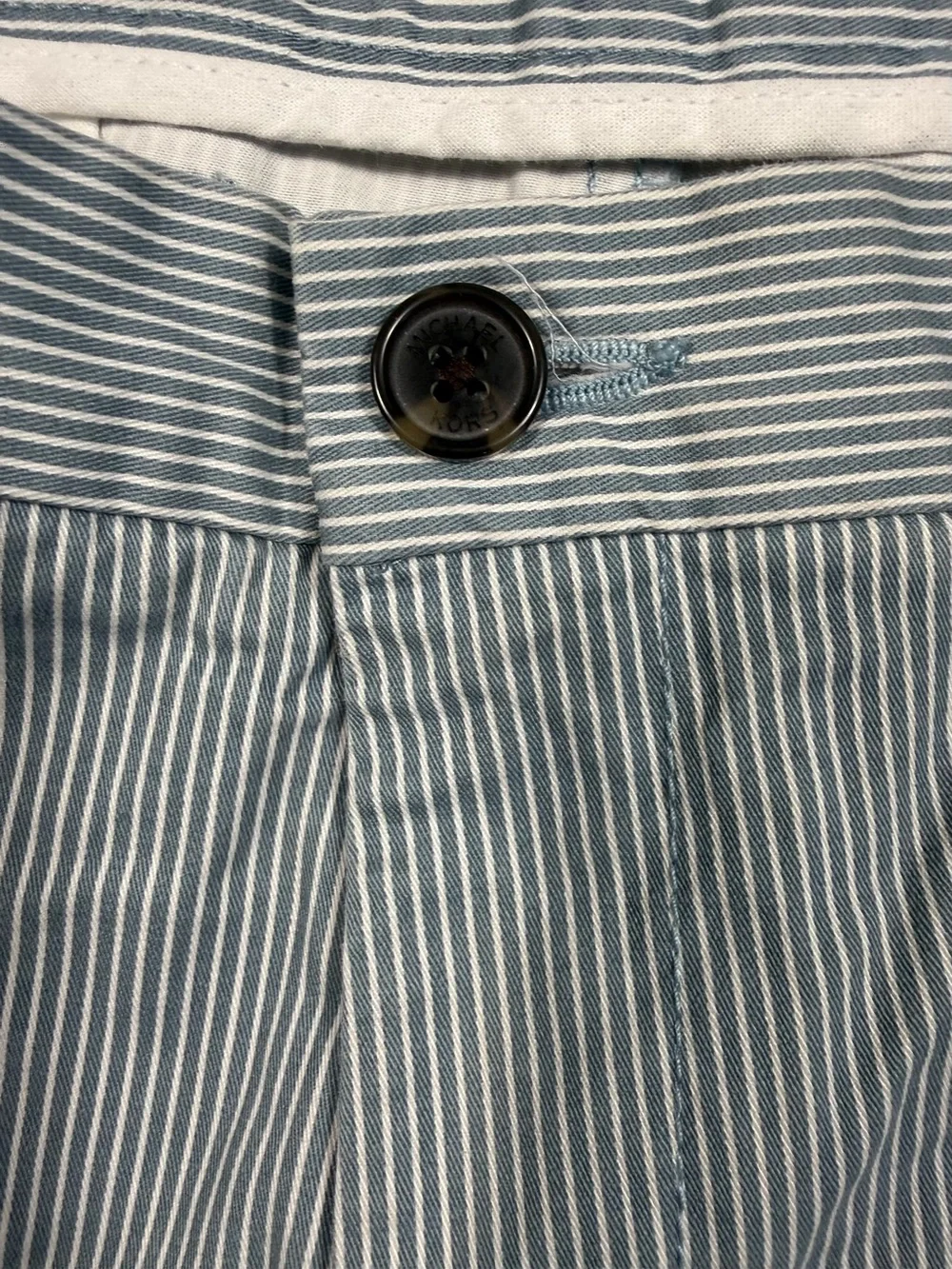 Michael Kors Men’s Light Blue and White Pinstripe Flat-Front Shorts